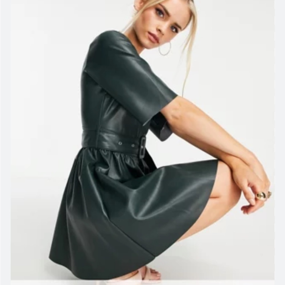 ASOS NWOT Green Faux Leather Dress Belted 10 Petite T shirt Mini Skater